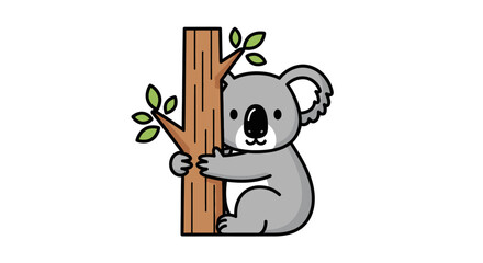 Adorable cartoon koala clinging to a tree trunk with green leaves.