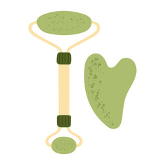 Jade roller and gua sha stone illustration —beauty tools for facial massage, skincare routine, spa treatments, natural cosmetics, wellness design, self care accessories, digital clipart.