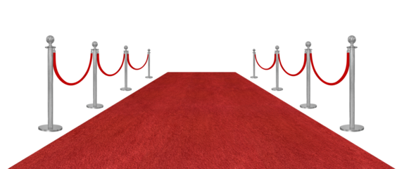 Perspective view red velvet rope barrier and silver poles and red carpet isolated