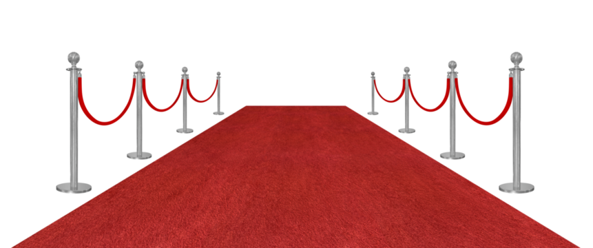 Perspective view red velvet rope barrier and silver poles and red carpet isolated