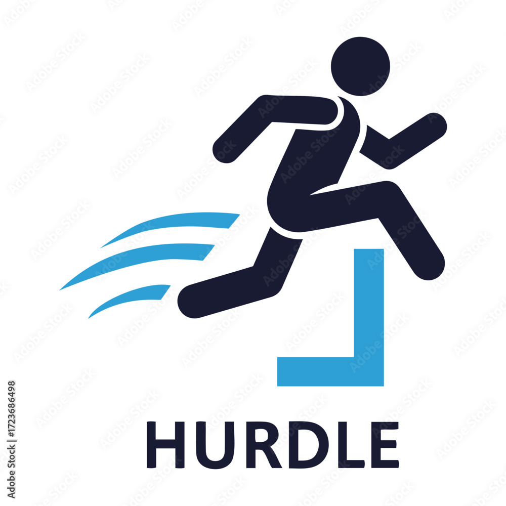 Poster vector person jumping over a blue hurdle with motion lines indicating speed and movement shown