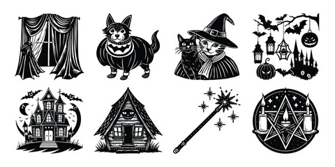 Black and white Halloween vector silhouette set with spooky icons and elements