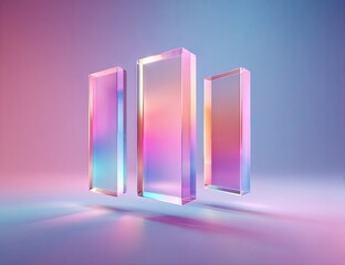 Three iridescent glass blocks illuminated by vibrant neon light.