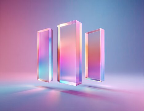 Three iridescent glass blocks illuminated by vibrant neon light.
