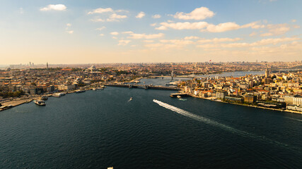 Downtown of Istanbul, Turkey from above: Galata, transport traffic, ferryboats, and ships sailing, Eminonu and Karakoy pier, Aerial drone view at sunny day