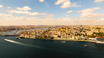 Downtown of Istanbul, Turkey from above: Galata, transport traffic, ferryboats, and ships sailing, Eminonu and Karakoy pier, Aerial drone view at sunny day