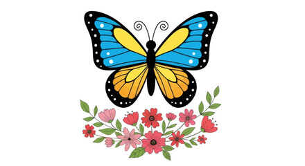 Vibrant Blue and Yellow Butterfly with Floral Wreath.