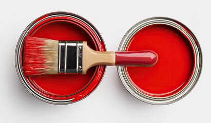 Two open paint cans of vibrant red paint, with a paintbrush resting between them, seen from directly above on a white background