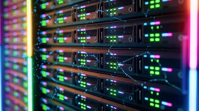 Colorful server racks illuminated with neon lights, showcasing data storage technology in action
