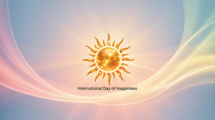 International Day of Happiness with a radiant sun and flowing colorful background