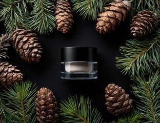 Fototapeta premium Dark background, circular arrangement of fir branches and pine cones surrounding a facial cream jar