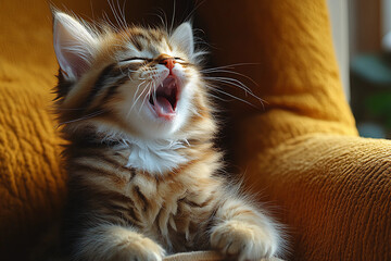 Fluffy kitten yawning and stretching on a cozy chair with arched back, capturing the adorable moment of waking up from a nap