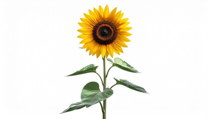 A sunflower plant with tall stem and yellow blossom photorealistic detail white background with soft shading
