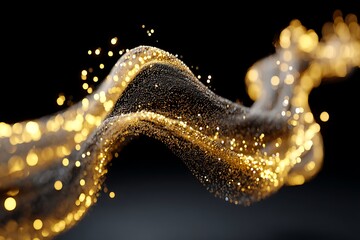Flowing golden particles in an abstract digital visualization against a black background, conveying elegance and beauty with a stunning viewpoint.