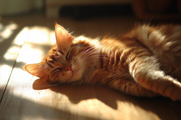Ginger cat melting on sunlit wooden floorboards, vibrant fur blending with warm sunlight and cozy serene home atmosphere