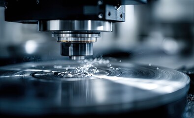 Close-up of industrial machining process.  Metal disc being machined by a precision tool.  Splashes of coolant visible.  Dark, technical environment
