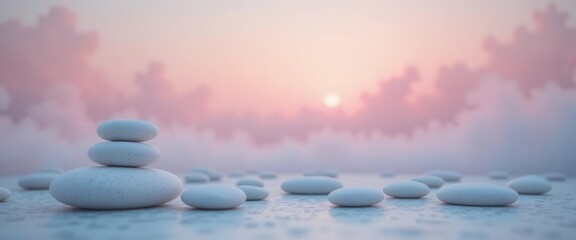 Abstract Wellness Art  Pink and Blue Haze with Smooth Stones