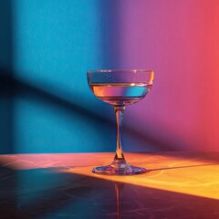 A clear glass coupe, filled with a liquid, stands on a marble surface bathed in vibrant neon light