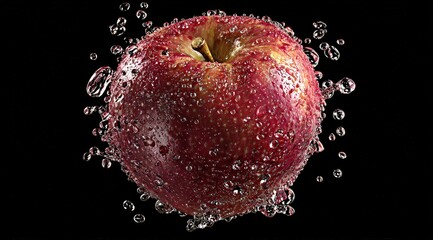 Red Apple In Splash Of Water Bubbles On Black Background
