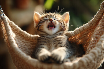 Adorable kitten lying in a cozy hammock, mouth slightly open, captured mid-snore, cute playful sleepy pet relaxing peacefully