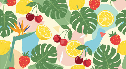 A vibrant tropical fruit and foliage pattern with a playful abstract touch.
