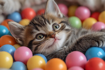 Playful kitten rolling joyfully in a vibrant pile of colorful balls, laughing with squinted eyes, full of energy and fun