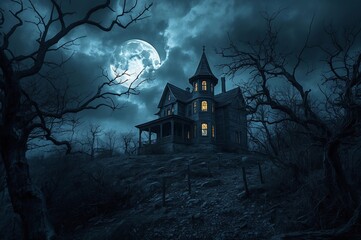 victorian haunted house on hilltop with full moon and eerie trees in dark night sky