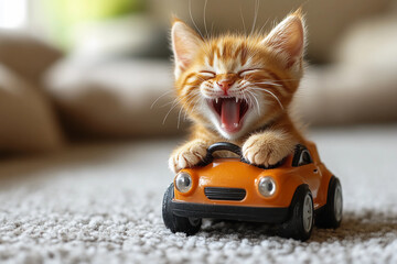 Adorable kitten sitting in a colorful toy car laughing joyfully while pretending to drive, capturing playful and cute moments