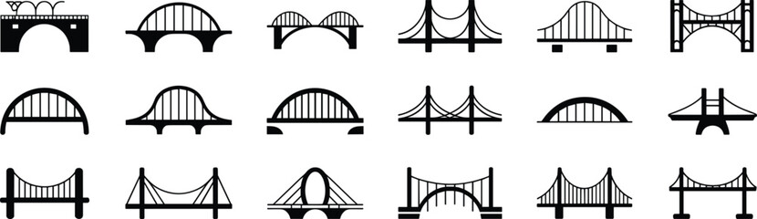 Collection of various bridge icons vector illustration showing different architectural designs, silhouettes and construction styles for infrastructure, transport and engineering.