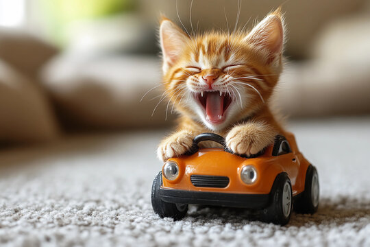 Adorable kitten sitting in a colorful toy car laughing joyfully while pretending to drive, capturing playful and cute moments