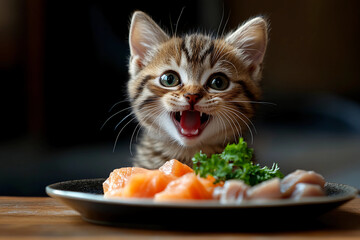 Adorable laughing kitten sitting in front of a plate of tuna with a joyful expression and playful mood, cute pet moment