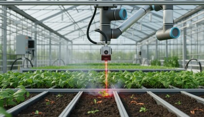 Medium shot of a robotic arm using laser technology to precisely target and eliminate weeds in a greenhouse setting.