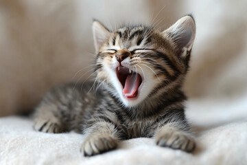 Adorable kitten yawning and stretching on its side, capturing a cute, playful, human-like morning stretch moment