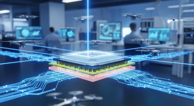 Crosssection view of a silicon photonics chip communicating with drone swarm highlighting secure data transmission paths in a lab environment.