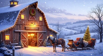 A cozy winter scene featuring a horsedrawn sleigh in front of a snowcovered barn adorned with christmas lights and a festive wreath