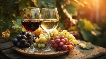 vineyard. Glasses of red and white wine with ripe grapes on a wooden table in a rustic vineyard setting. bar promotions, beverage menus, designed for food & beverage menus and cafe branding.