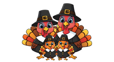 Cute cartoon turkey family dressed in pilgrim hats for a Thanksgiving celebration illustration