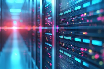 Naklejka premium Futuristic data center corridor with glowing servers and neon lights, showcasing advanced IT infrastructure for technology, business, and digital marketing use