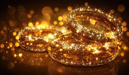 Two overlapping, golden rings, sparkling with glittering details, are set against a backdrop of warm, glowing lights.