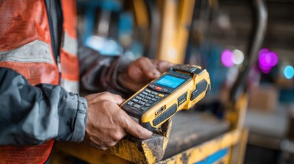 Detailed medium shot of a worker scanning NFC tags on rental tools focusing on the scanning action with an abstract blurred background to emphasize technology use