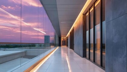 紫色の夕焼けと近代的な建物の廊下インテリア