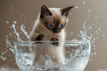 A playful Siamese cat gracefully flowing into a clear glass bowl, perfectly adopting its shape in a whimsical and charming scene