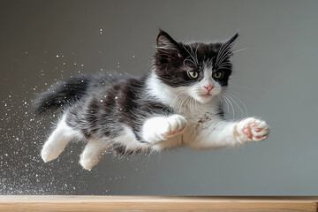 A playful tuxedo cat captured mid-motion sliding headfirst off a table in a dynamic, fluid, and energetic liquid-like arc