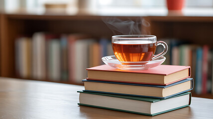 A steaming cup of tea rests on a stack of books on a wooden table with bookshelves in the background.