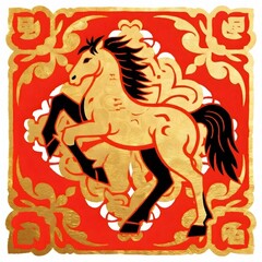赤い背景に金色の馬の切り絵アート