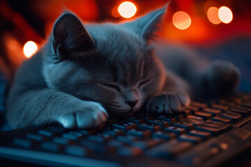 A Russian Blue cat gracefully melting over a keyboard, with paws and tail flowing around keys like smooth liquid in a surreal scene