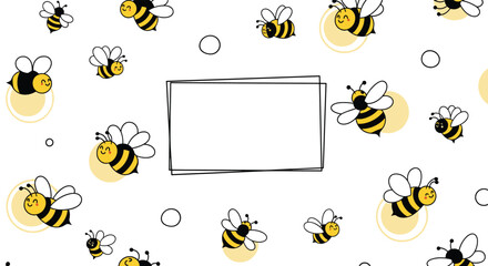 A cheerful pattern of cute buzzing bees with a central frame for text.