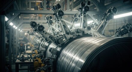 Detailed shot of filament tension control mechanisms during the winding process for a cryogenic tank in a launch vehicle assembly line.