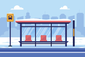 Empty bus stop in winter with snow. Bus stop public transport in flat style. Vector stock