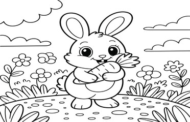 A cute cartoon bunny holding a carrot, standing in a field with flowers and clouds.